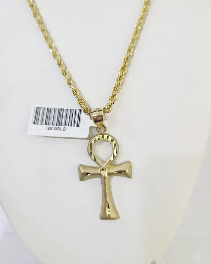 Necklaces Gold and Diamond 10k Gold Rope Chain Ankh Cross Charm Pendent SET 3mm 26Inches Necklace